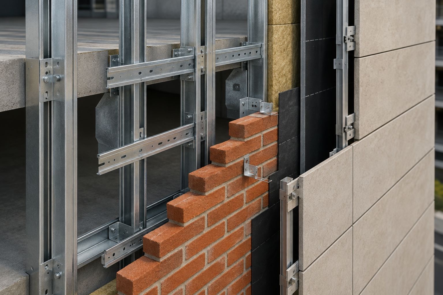 Light gauge steel framing supporting brick masonry and facade cladding
