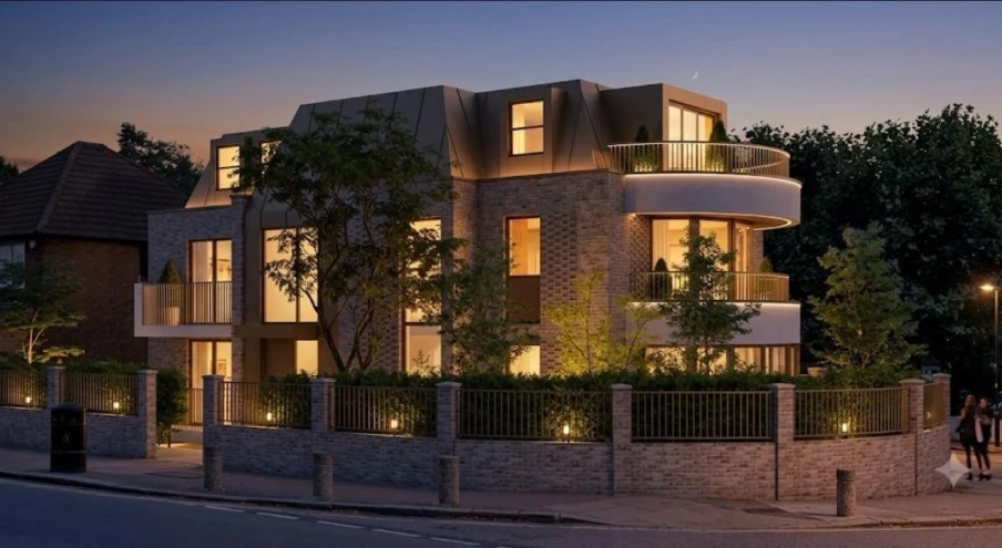 Ballards Lane, completed residential development built on a light gauge steel frame, exterior at dusk