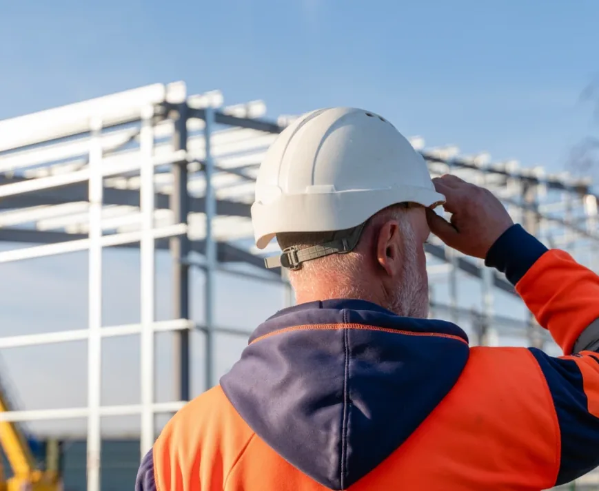 Installer in hard hat and hi-vis on site in front of a steel frame
