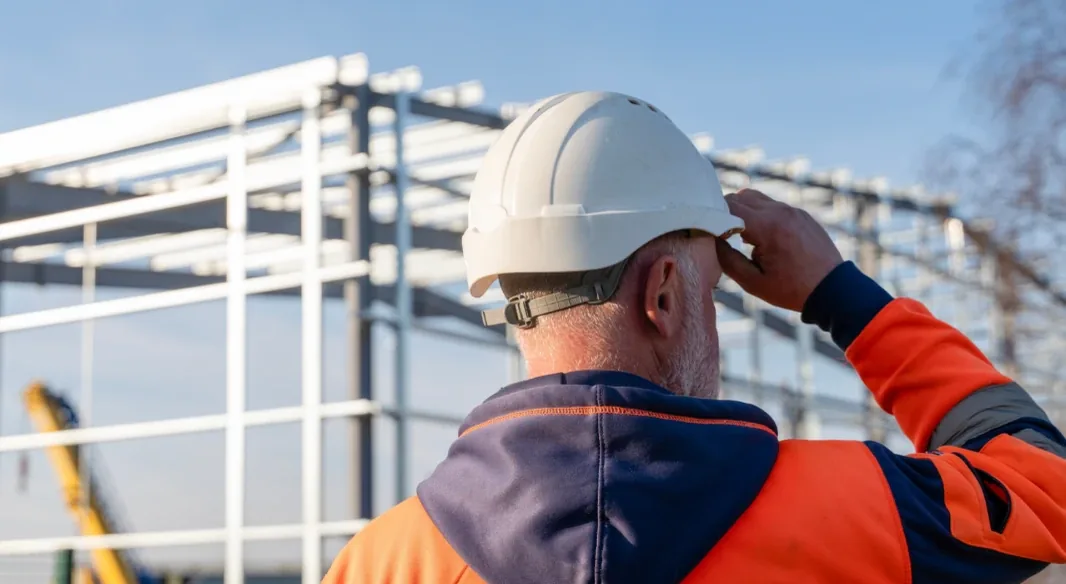 Installer in hard hat and hi-vis on site in front of a steel frame