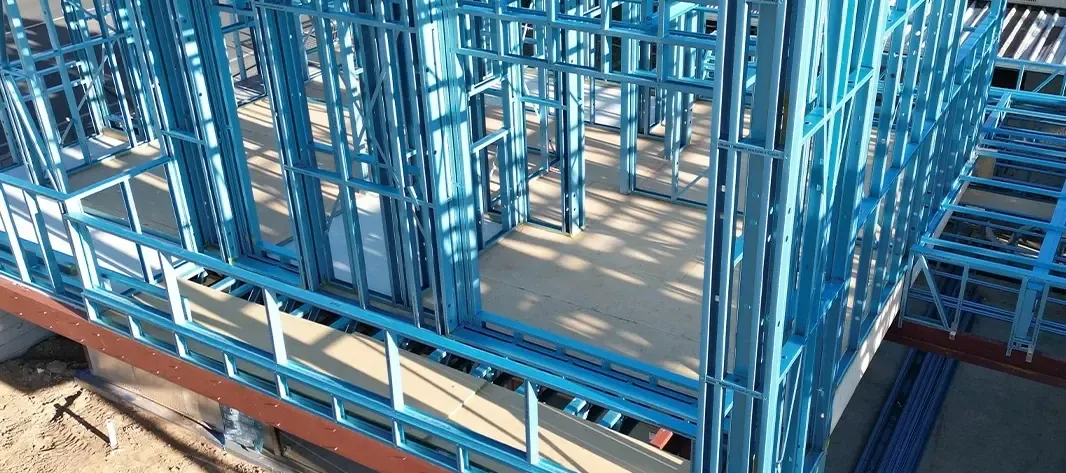 Light gauge steel floor and wall framing under construction