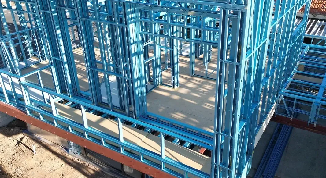 Light gauge steel floor and wall framing under construction