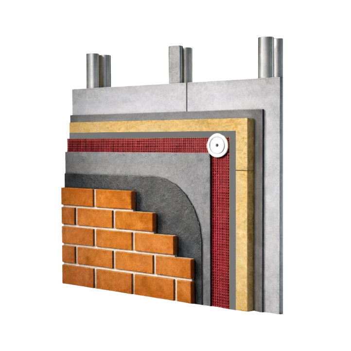 Cutaway diagram of a clay brick slip system on a steel frame wall build-up
