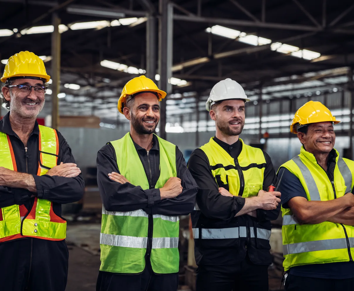 Build With Steel team members in hi-vis and hard hats inside the factory