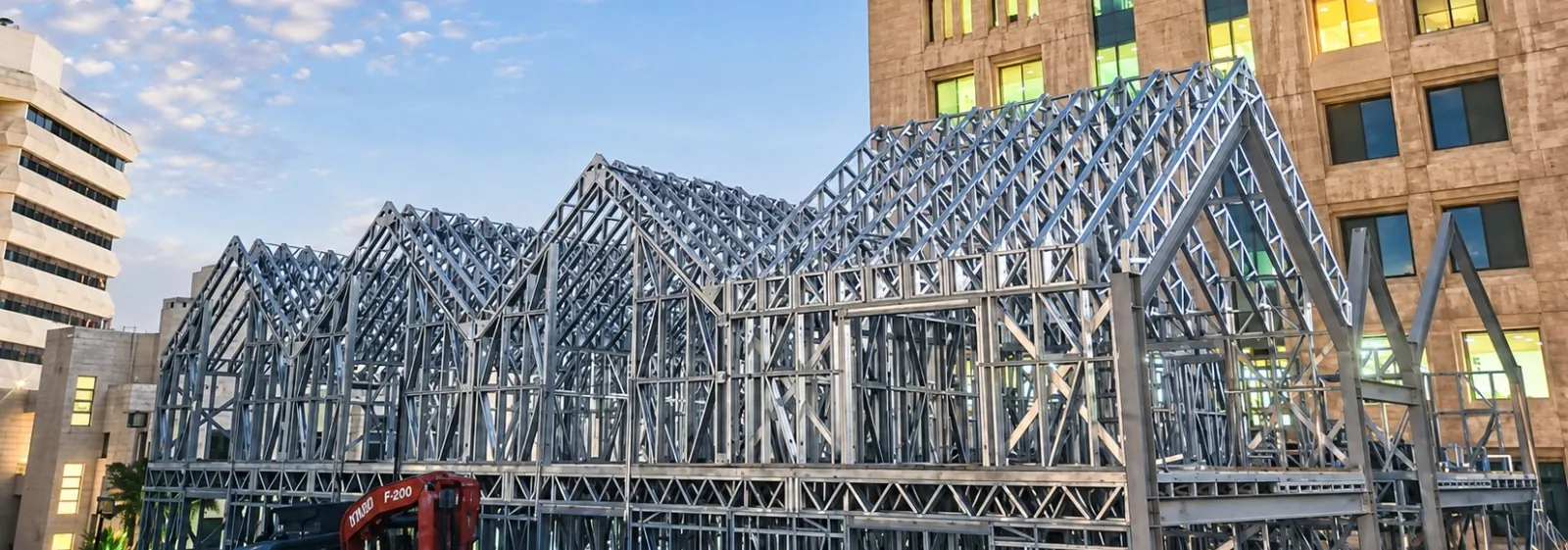 Light gauge steel roof trusses on an urban rooftop development at dusk