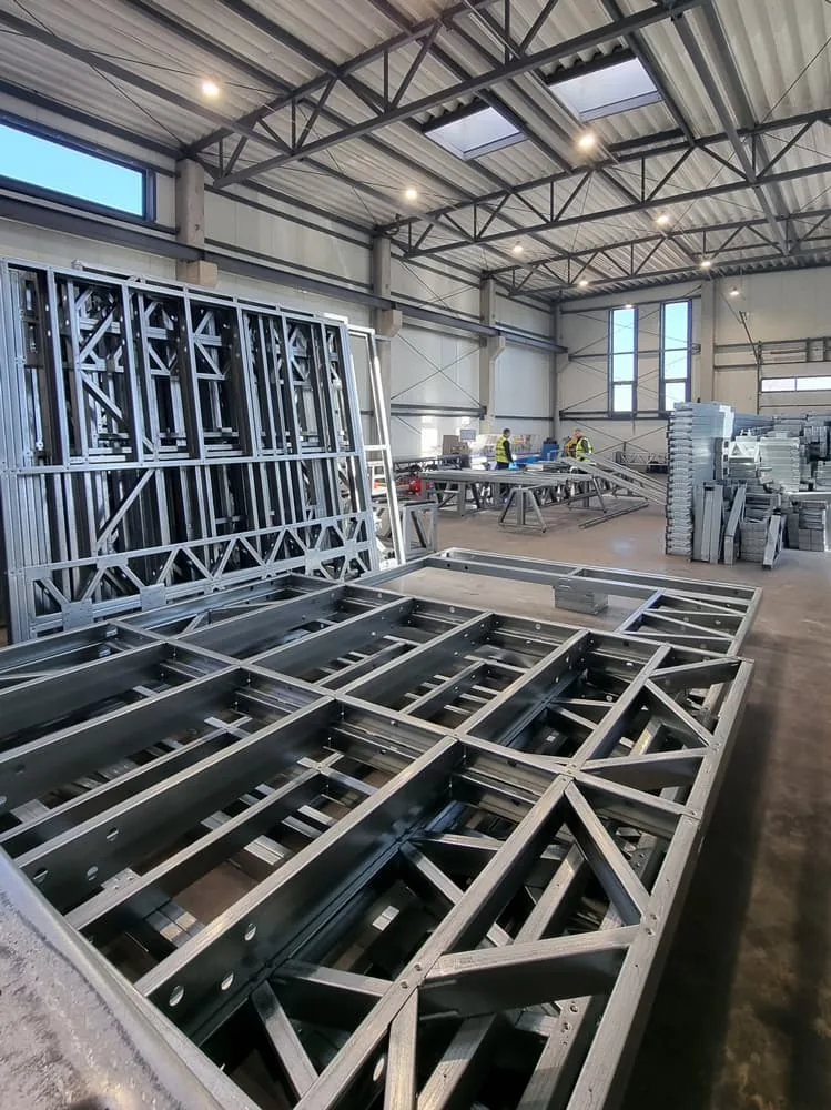 Light gauge steel floor cassettes stacked in the factory