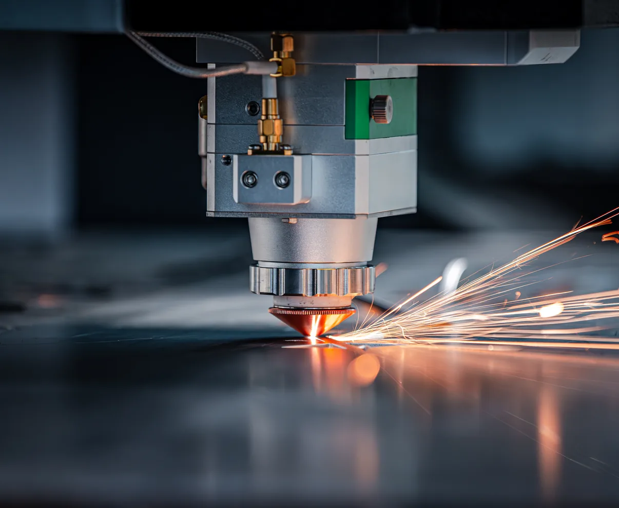 Laser cutting machine cutting steel with sparks in the factory