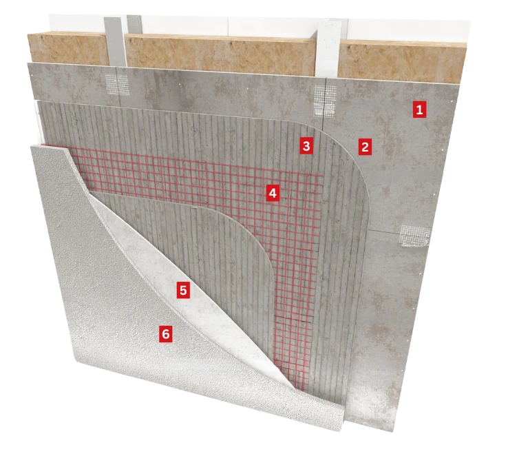 Cutaway diagram of a steel frame silicone render system build-up