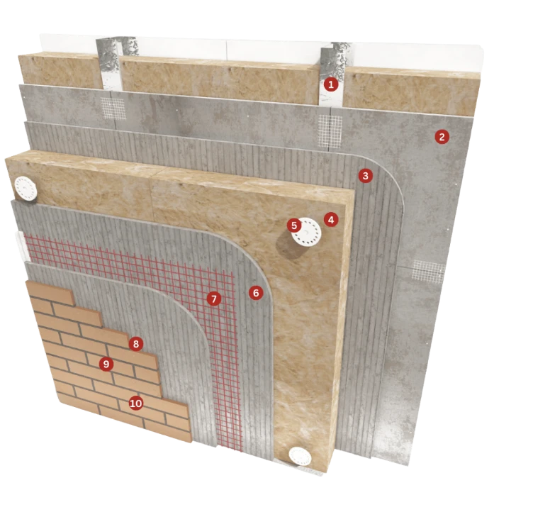 Cutaway diagram of a mineral brick slip system on a steel frame