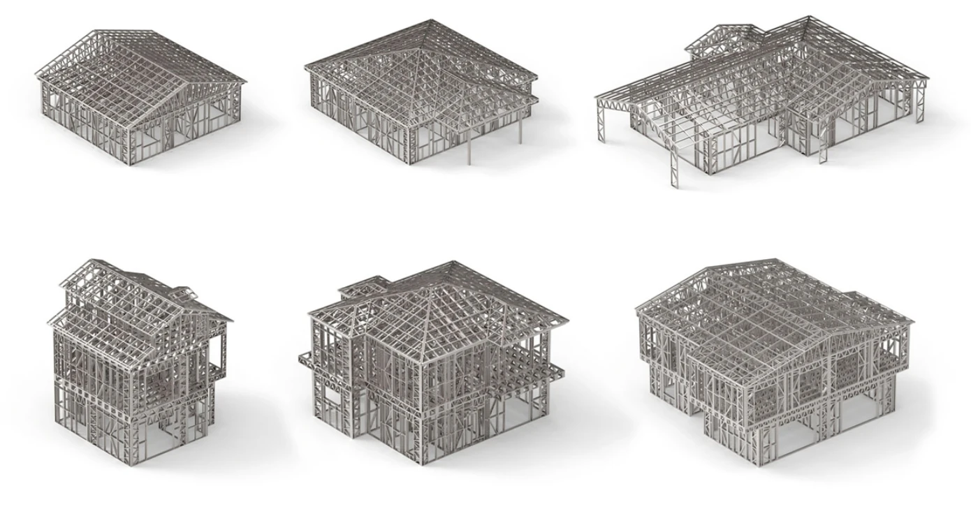 Six 3D models showing light gauge steel building frame variations