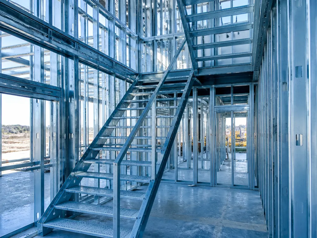 Steel staircase and landing within a light gauge steel frame